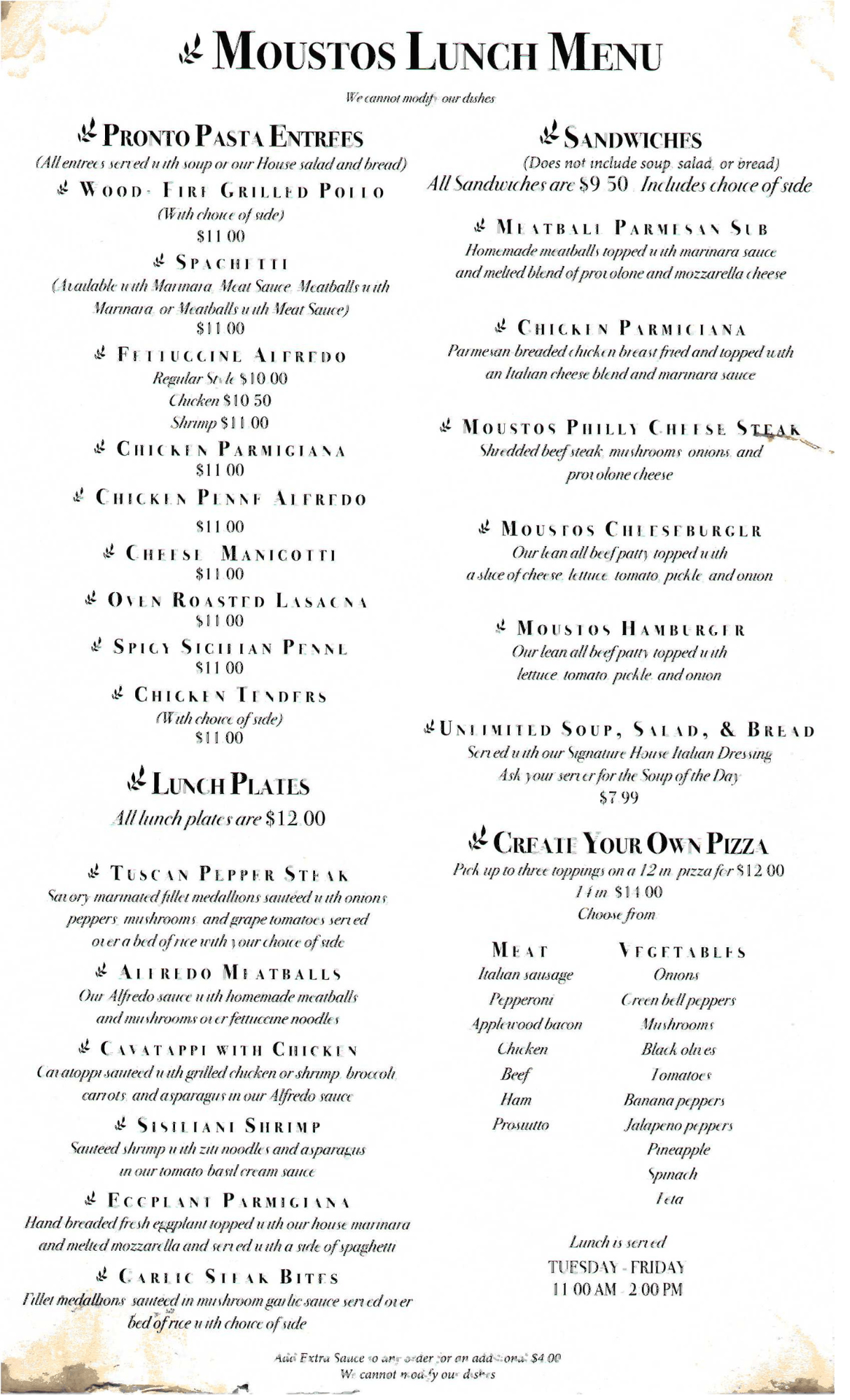 Moustos Pasta & Grill Italian Restaurant Menu Union City, TN