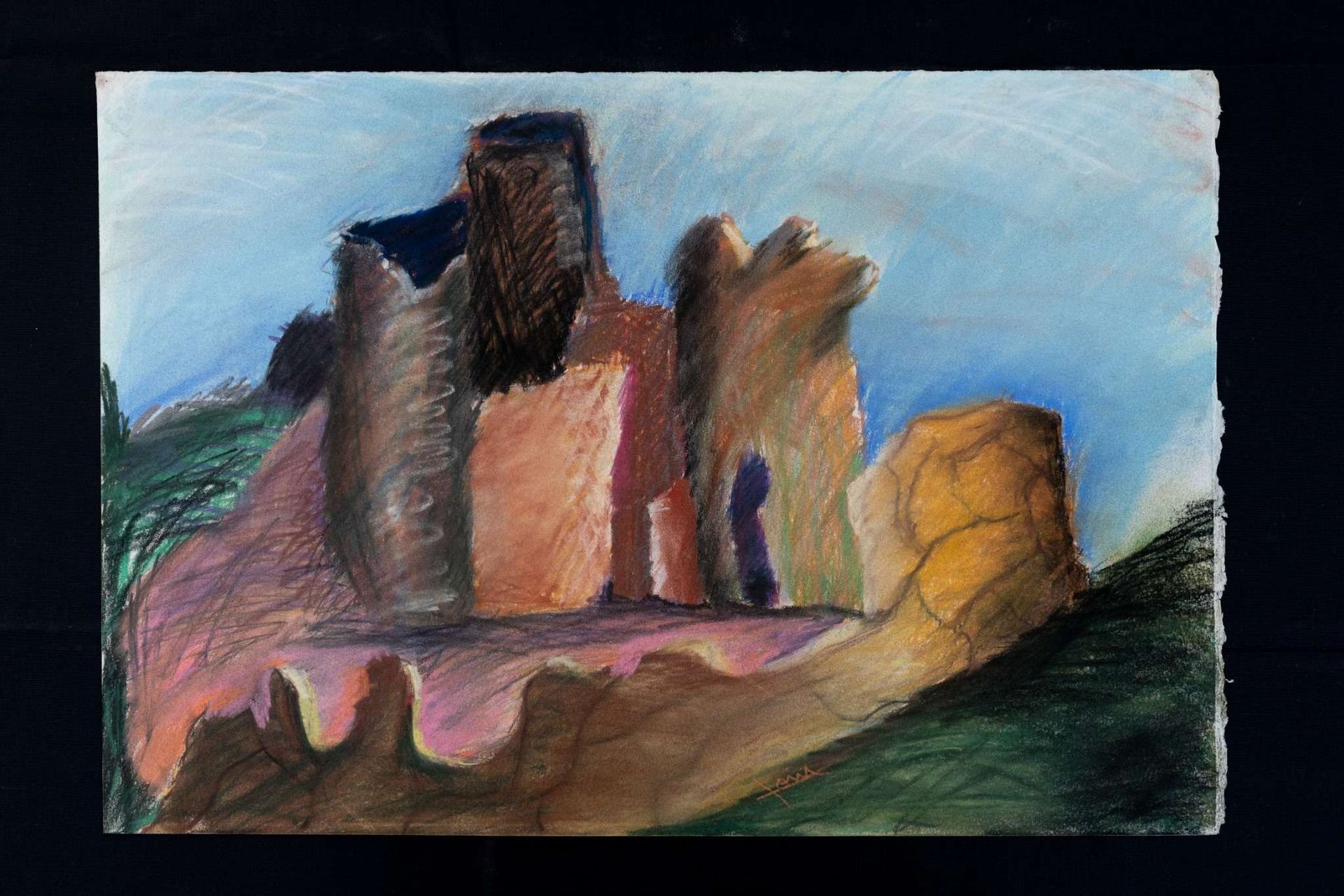 Pastel drawing of a castle ruin against a light blue sky; earthy tones of brown, red, and orange.