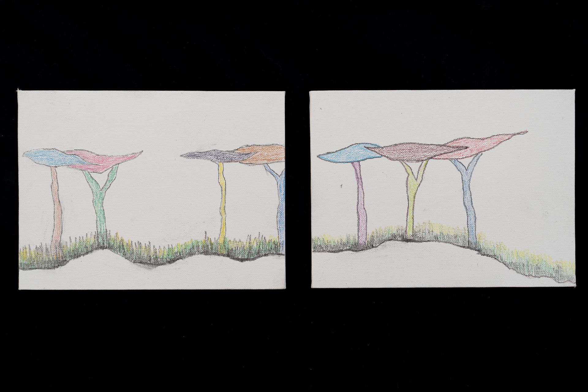 Two colorful tree-like structures on a grassy hill; pastel colors used.
