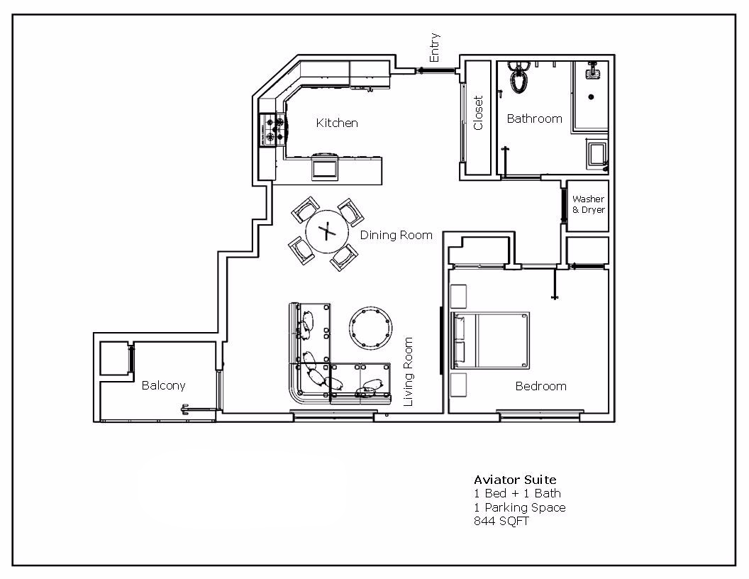 Aviator Suite - 1 Bedroom / 1 Bathroom 844 Sq. Ft. 1 Parking Space
