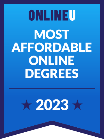Blue badge with the OnlineU logo stating