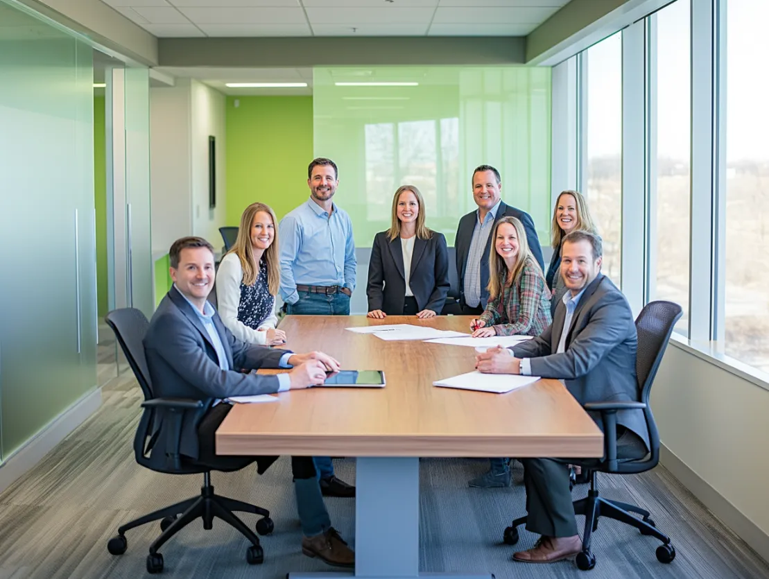 A group of people are standing around a table with laptops.