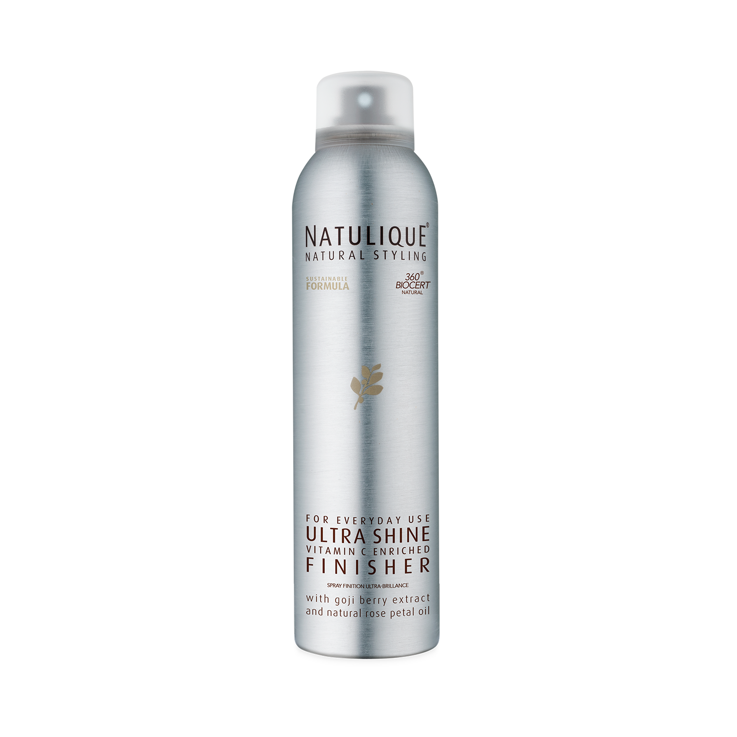 Een flesje Natulique Ultra Shine Finisher op een witte achtergrond