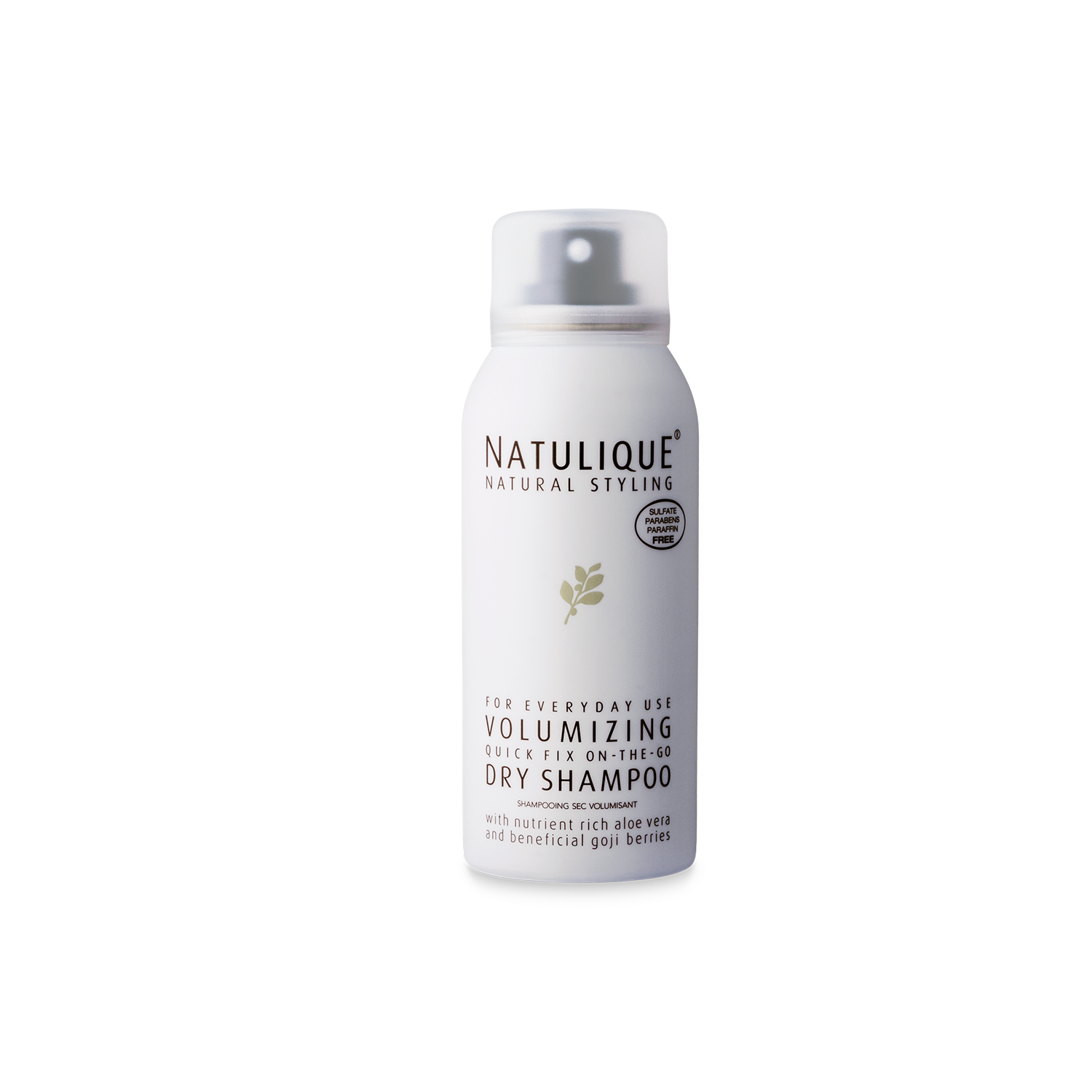 Een fles natulique volumizing droogshampoo op een witte achtergrond