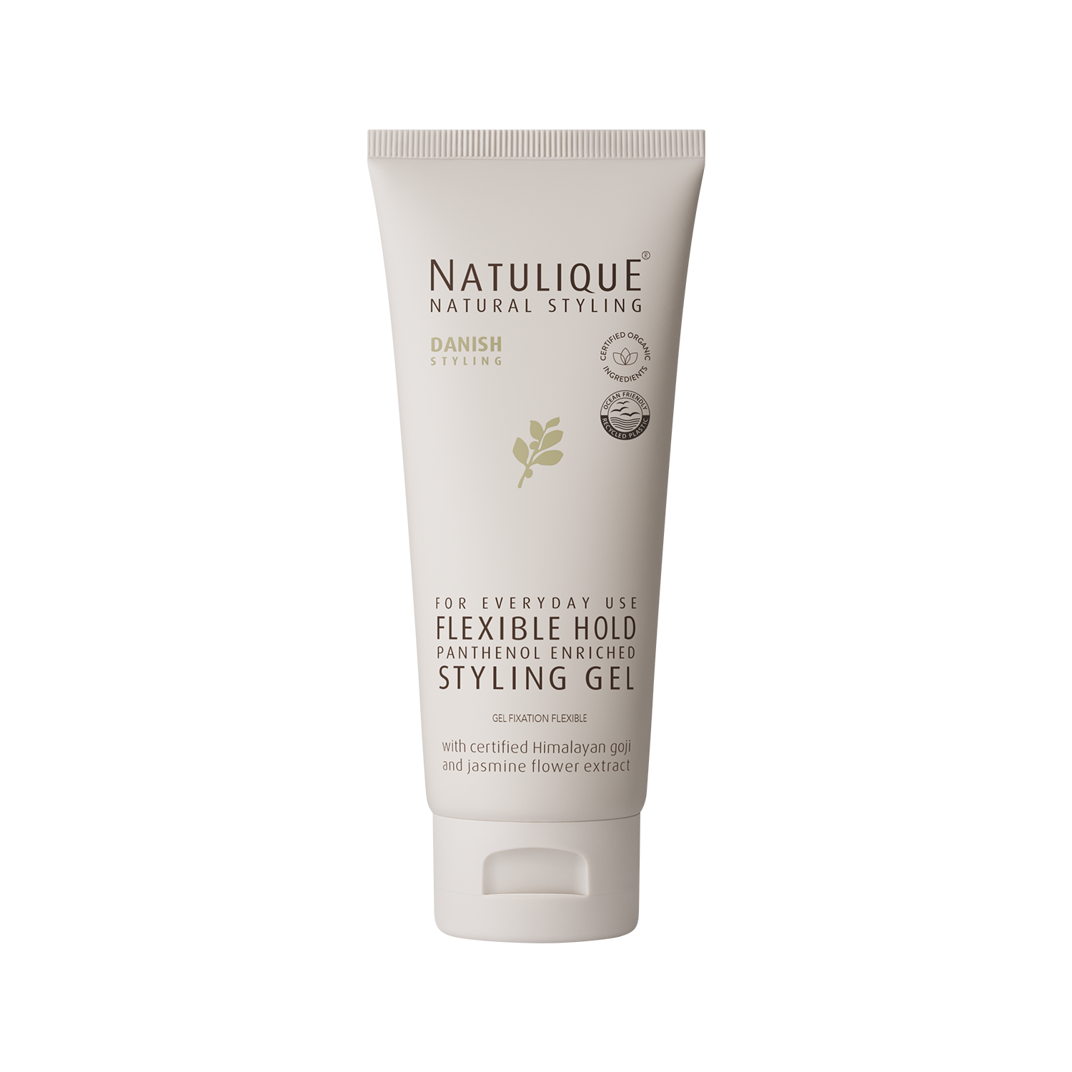 Een tube Natulique Flexible Hold Styling Gel op een witte achtergrond.