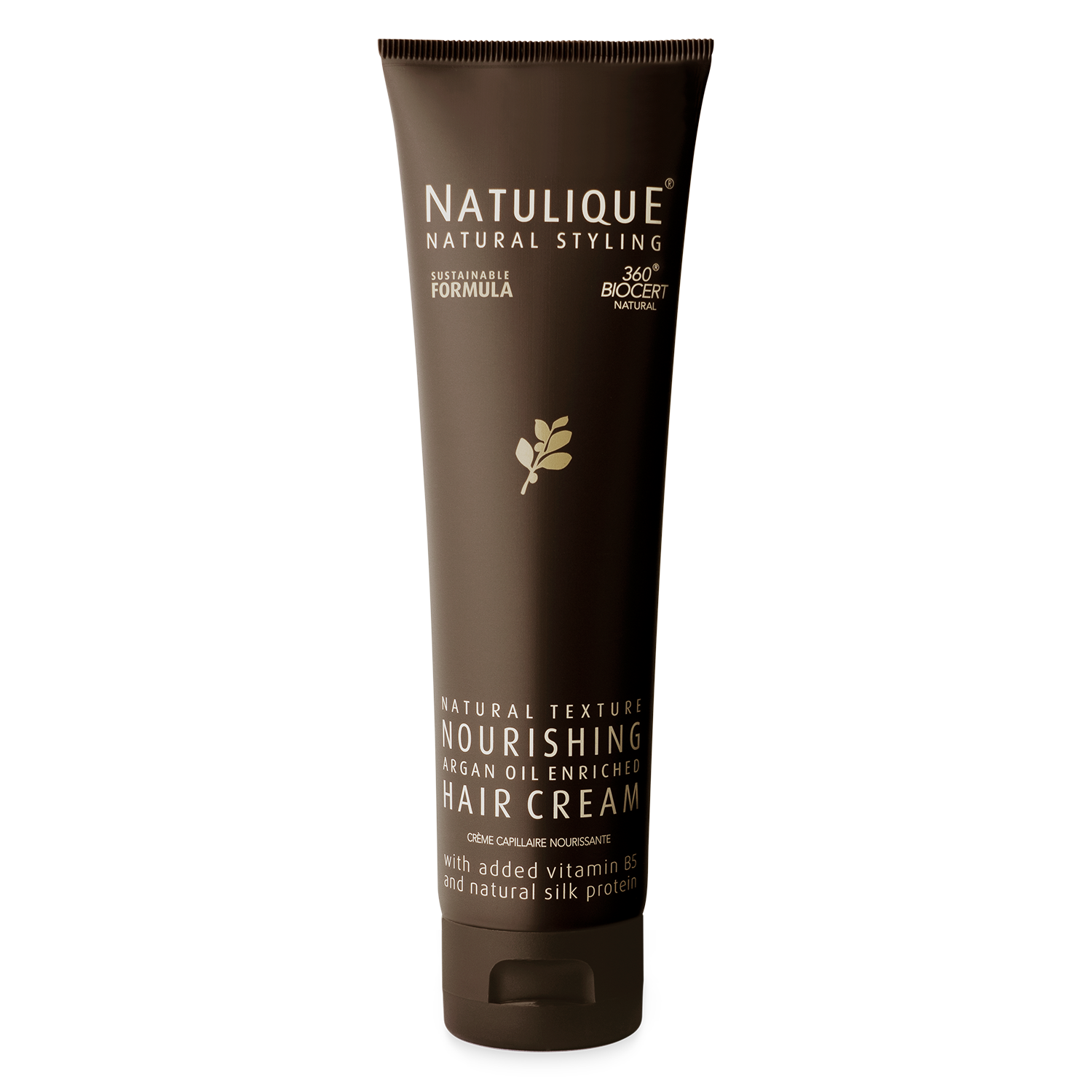 Een tube Natulique voedende haarcrème op een witte achtergrond.