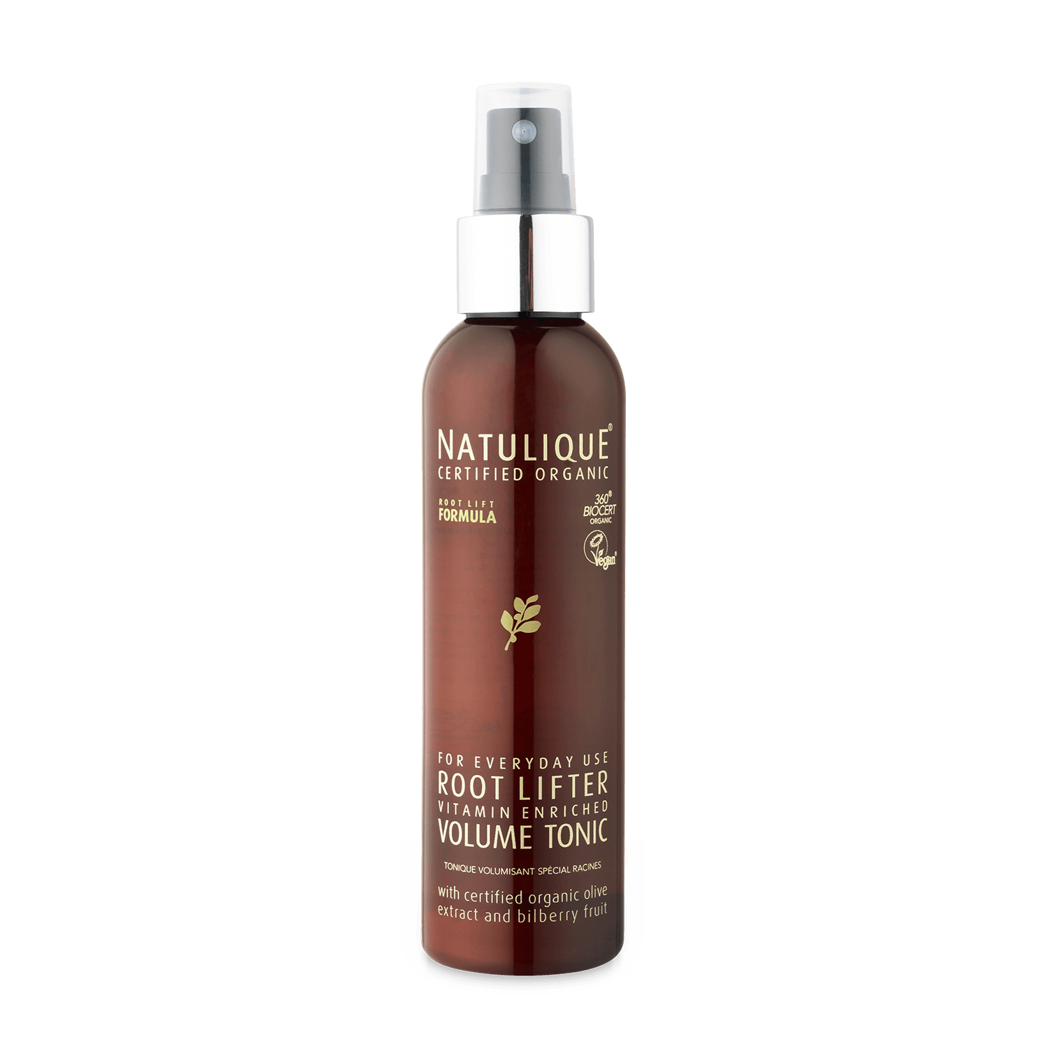 Een fles Natulique Root Lifter Volume Tonic op een witte achtergrond