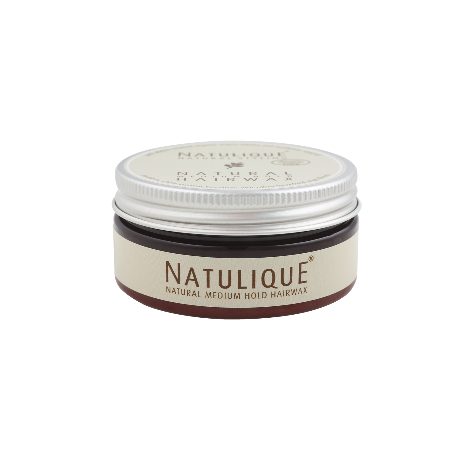 Een klein potje natulique haarwax op een witte achtergrond