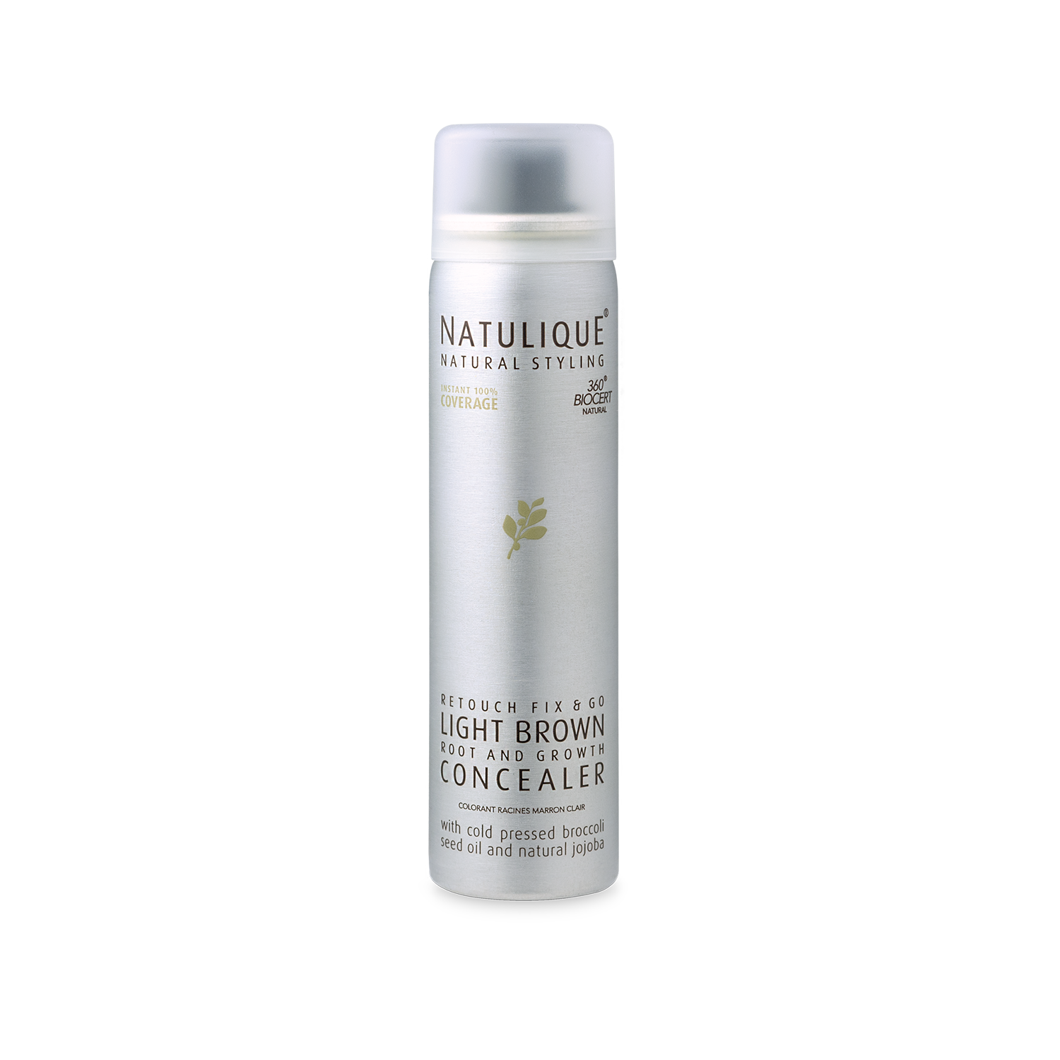 Een flesje Natulique donkerbruine concealer op een witte achtergrond.