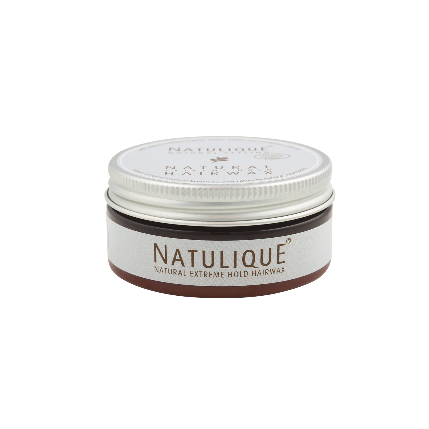 Een potje Natulique haarwax op een witte achtergrond.