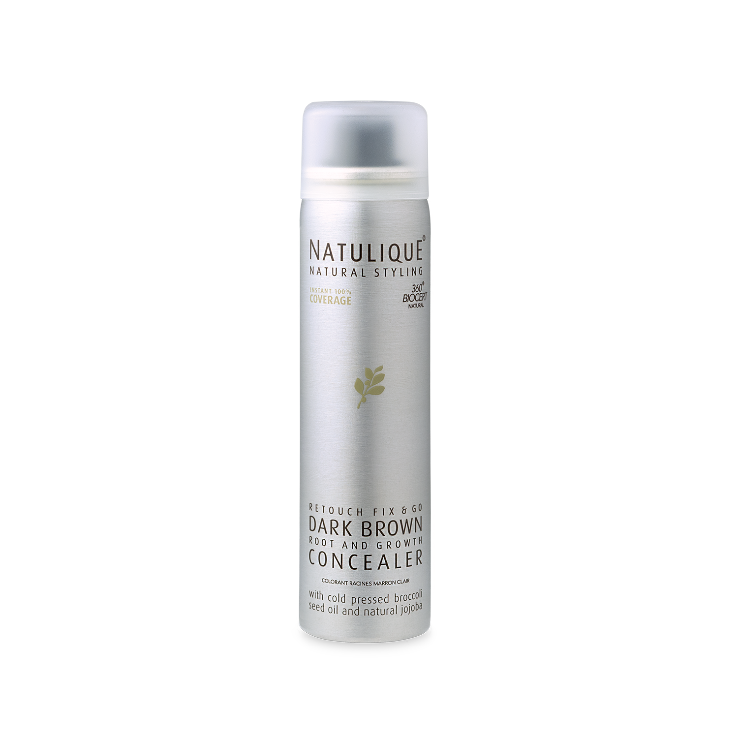 Een flesje Natulique donkerbruine concealer op een witte achtergrond.