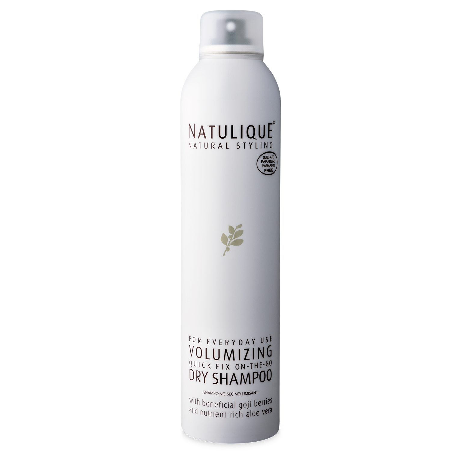 Een fles natulique volumizing droogshampoo op een witte achtergrond