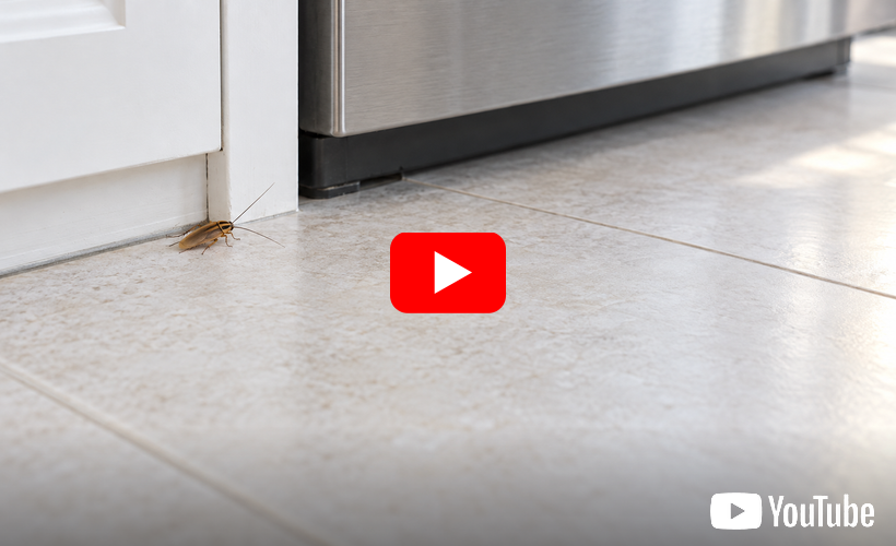 Small brown insect near the base of a stainless steel appliance on a white kitchen floor