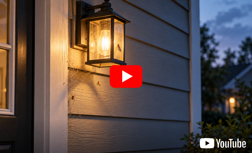 Lit porch lantern on a house exterior at dusk, with YouTube play icon overlay