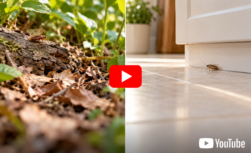 Split-screen: garden leaves and soil beside a white tiled floor with a red YouTube play button overlay