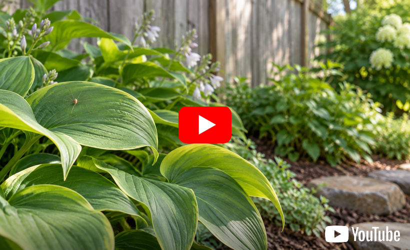 Lush green hosta plants in a shaded garden with a YouTube play icon overlay