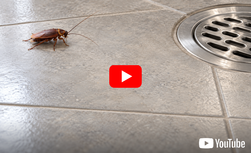 Brown cockroach on gray tiled floor beside a round drain cover, with a YouTube play icon overlay.