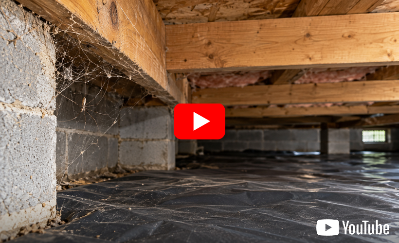 Under a wooden floor, spider webs and debris in a dim crawl space