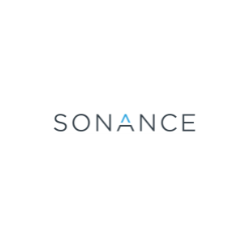 Sonance logo: gray text with a blue triangle replacing the "A".