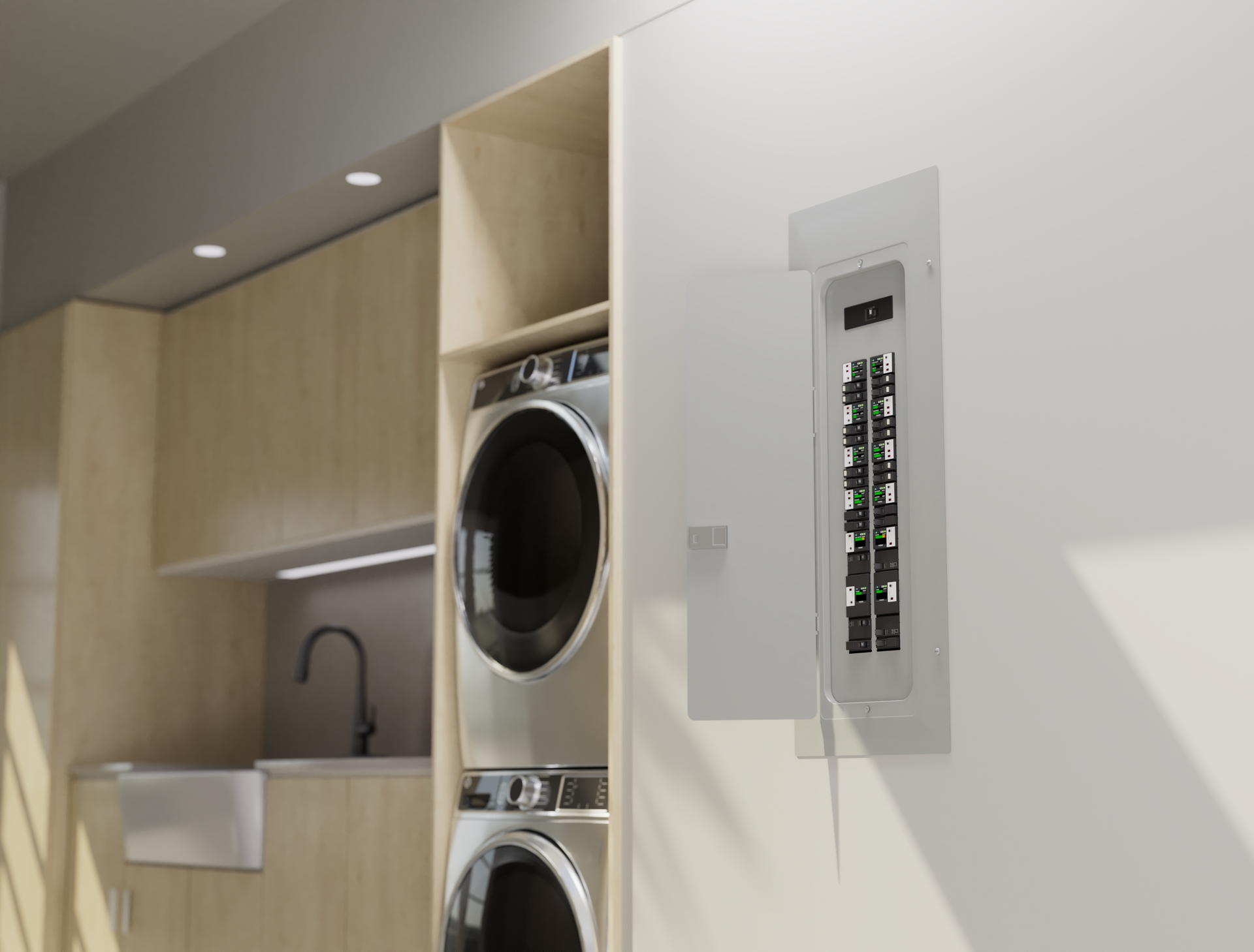 Laundry room with stacked washer/dryer, sink, light-colored cabinets, and an open electrical panel.