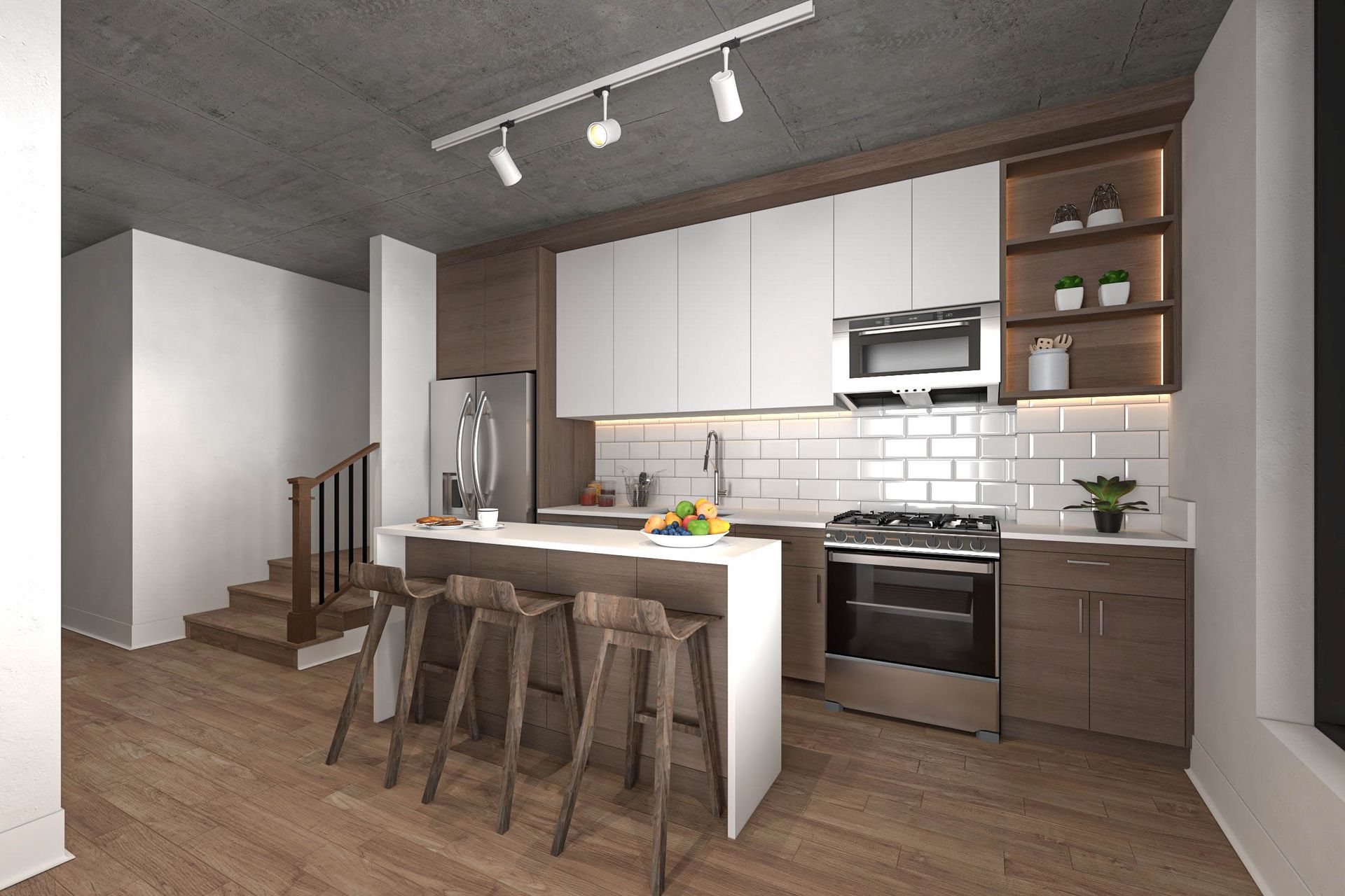 Modern kitchen with white cabinets, island seating, stainless appliances, and wood floors