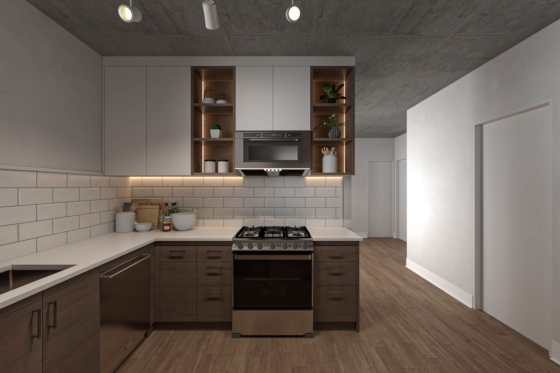 Modern kitchen with dark wood cabinets, white backsplash, stainless stove, and wood floor on the right.