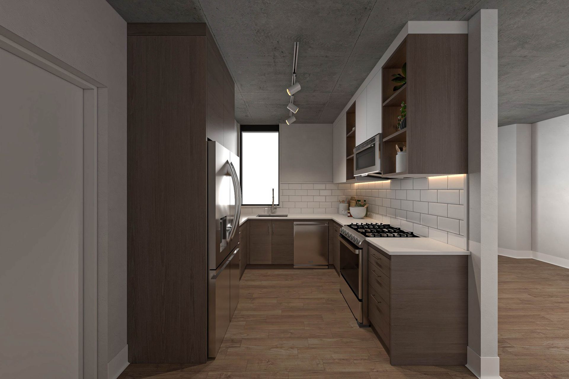 Modern kitchen with wood cabinets, white backsplash, and large window at the back.