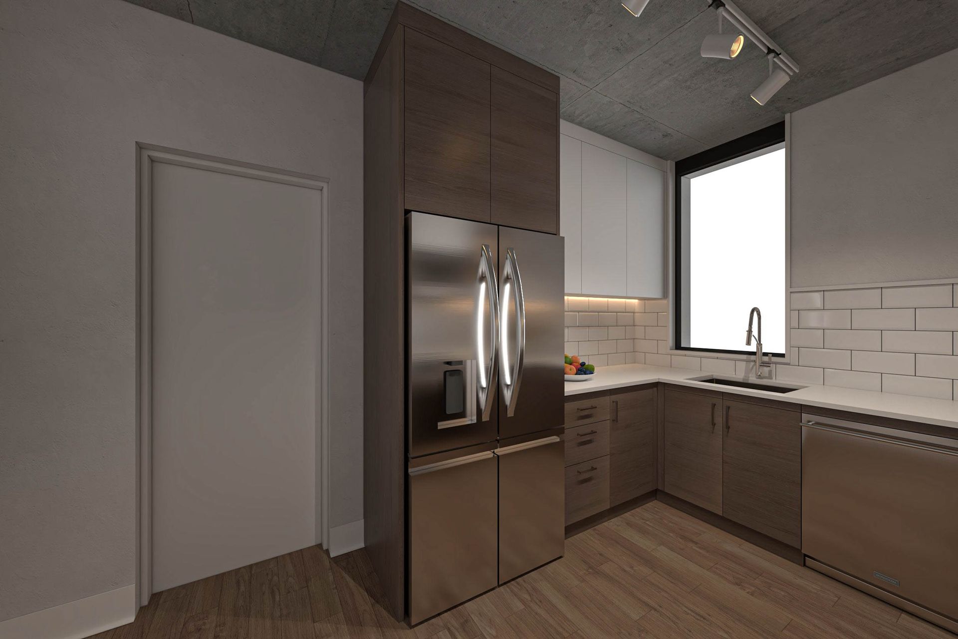 Modern kitchen with stainless steel fridge, wood cabinets, white tile backsplash, and a window sink