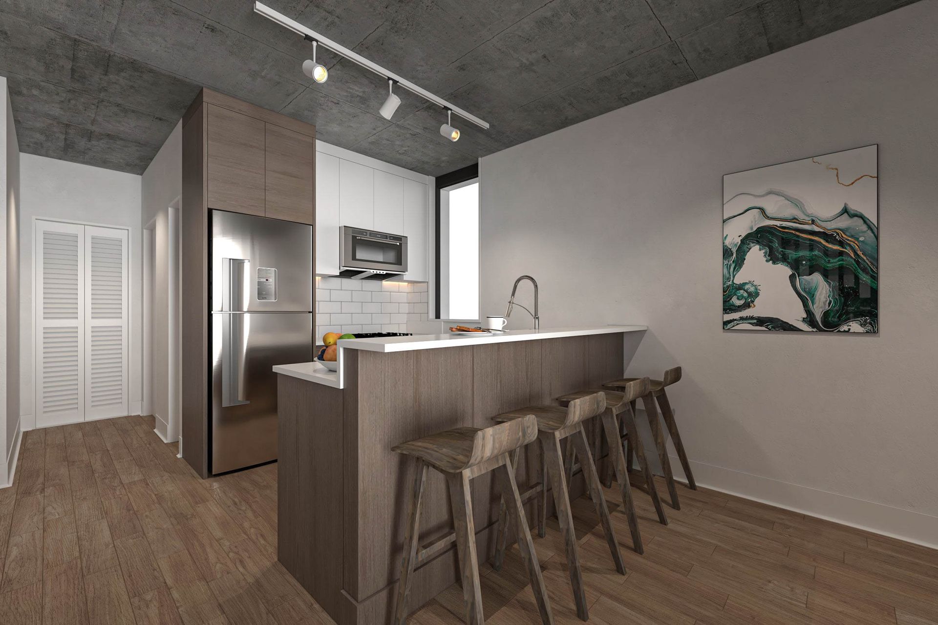 Modern kitchen with island, bar stools, stainless fridge, and wood flooring in a minimalist apartment