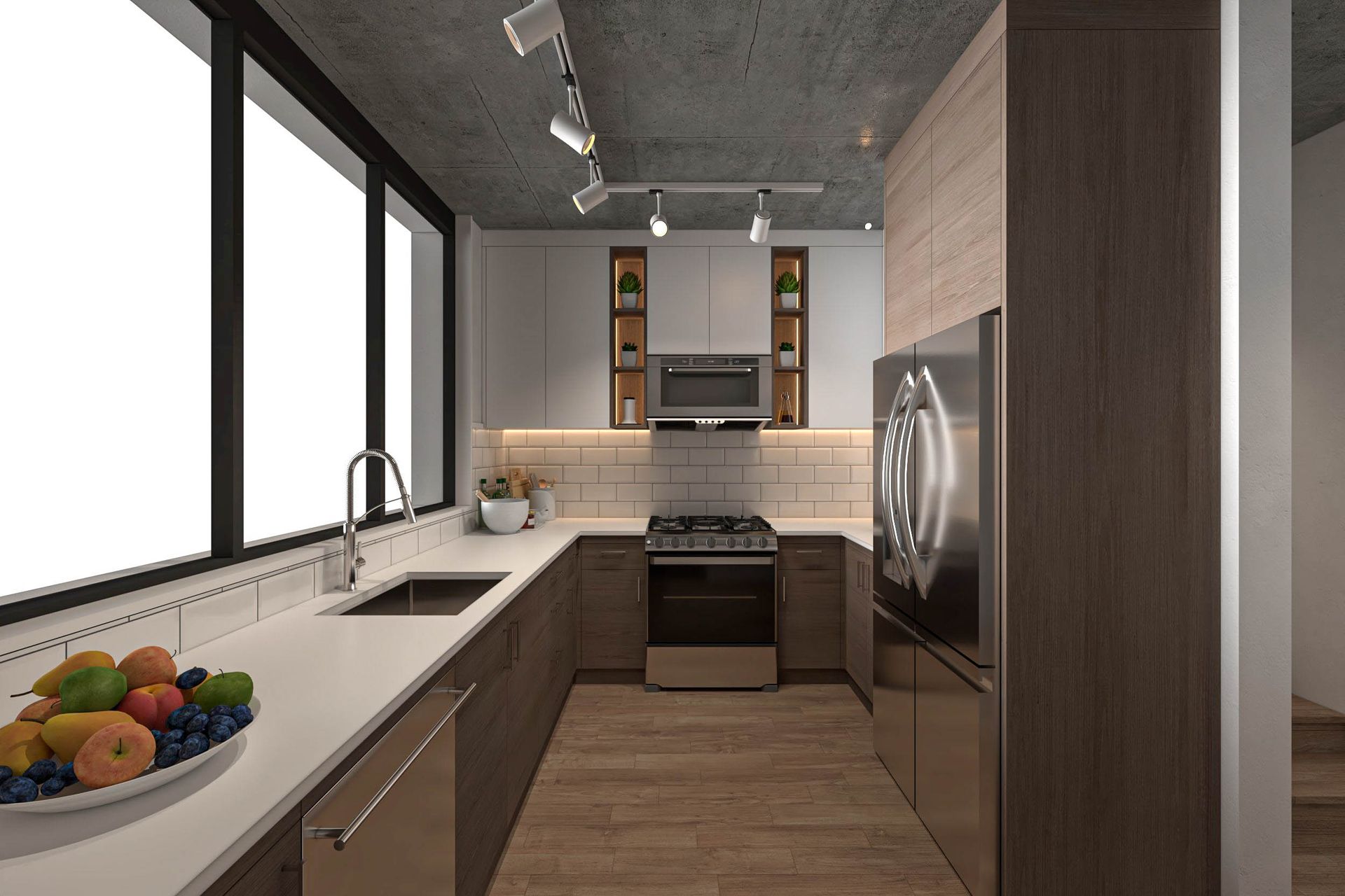 Modern narrow kitchen with wood cabinets, stainless appliances, large window, and white countertops