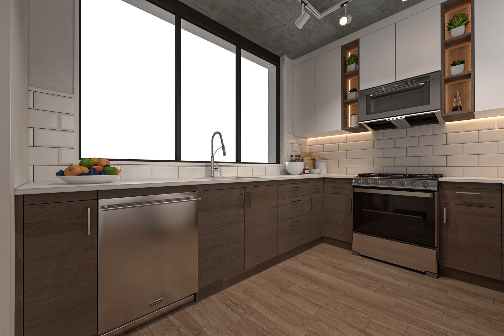 Modern kitchen with dark cabinets, stainless appliances, large window, and wood-look flooring