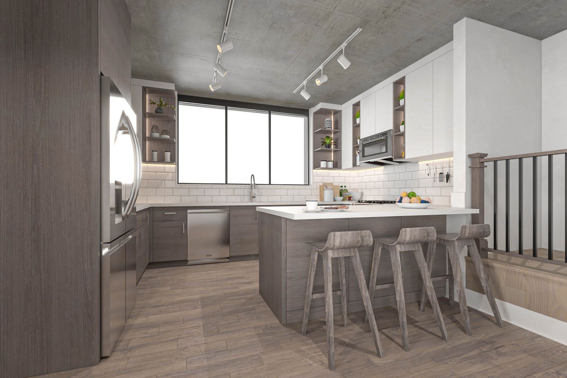 Modern gray kitchen with island, bar stools, white cabinets, and large window overlooking the sink.