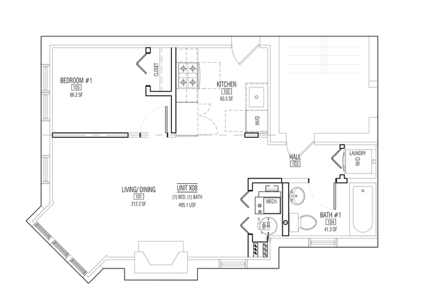 Black-and-white architectural floor plan with labeled rooms and walls