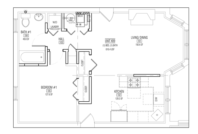 Black-and-white architectural floor plan of a house with labeled rooms and furniture layout.