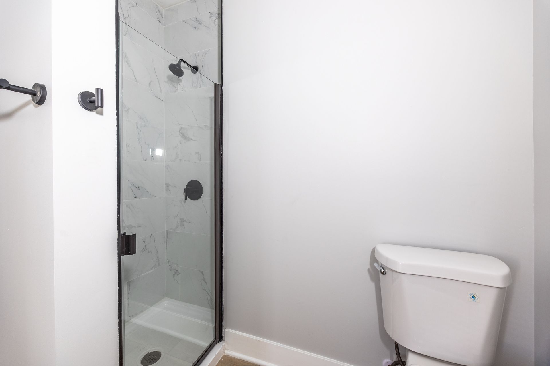 Small bathroom with glass shower and white toilet beside a plain wall.