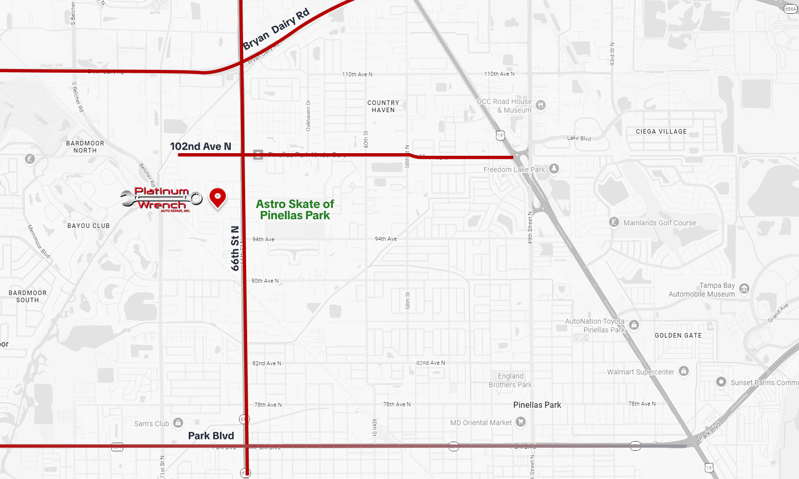 Street map with red route lines and a marked location pin near the intersection of two roads. | Platinum Wrench Auto Repair