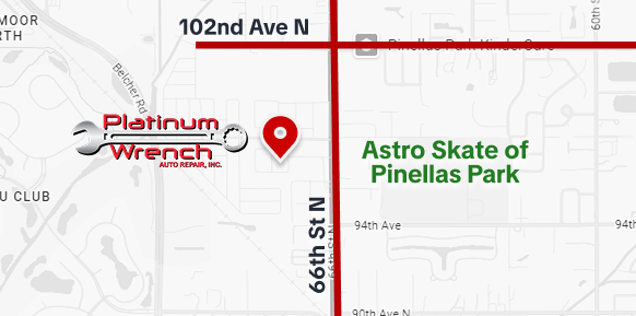Map with red pin near Platinum Wrench and Astro Skate of Pinellas Park on 102nd Ave N and 64th St N | Platinum Wrench Auto Repair
