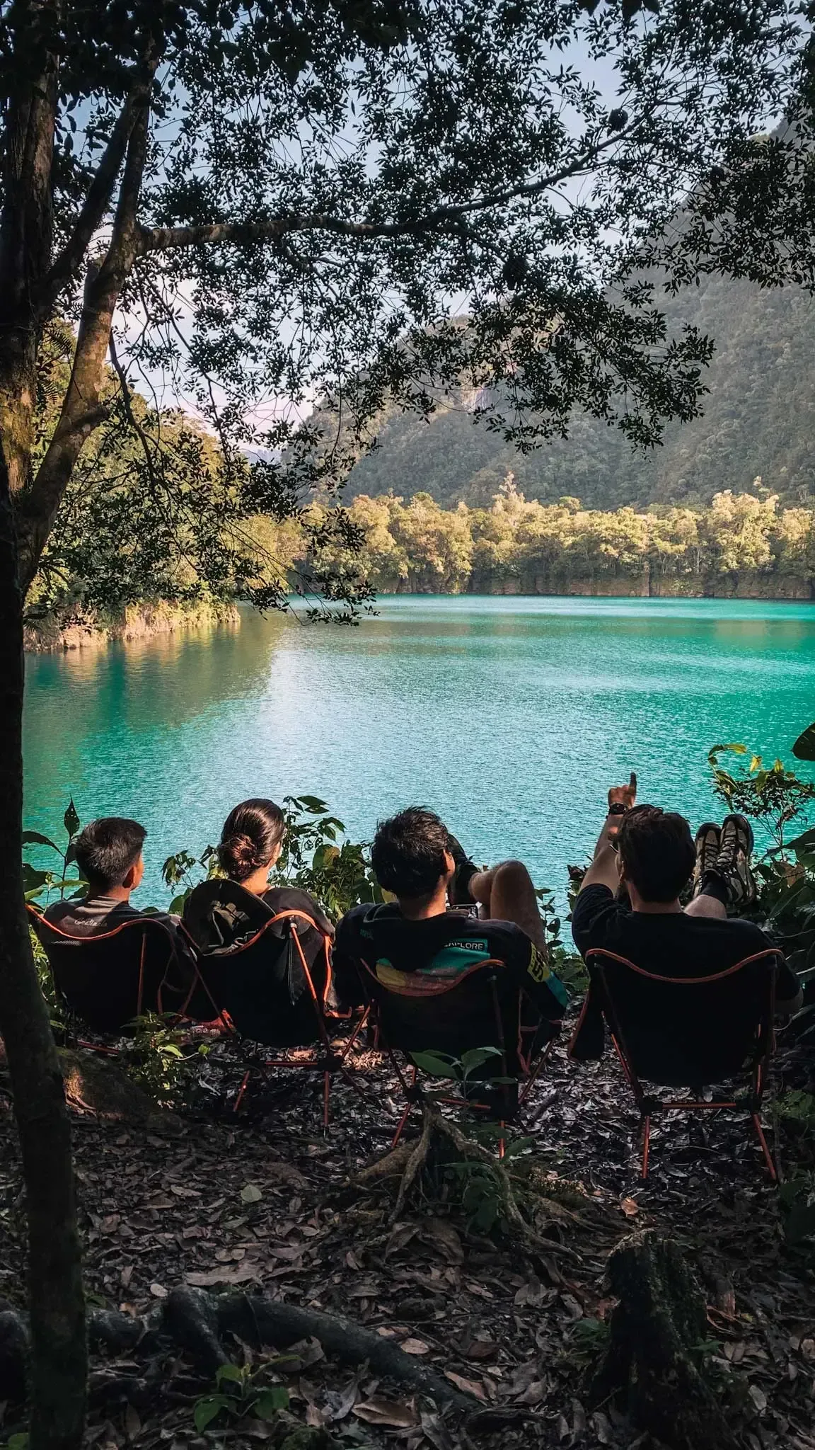 People sitting under trees by a turquoise lake, looking out at a forested shoreline.