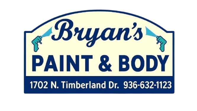 Bryan's Paint & Body logo: Blue text on cream arch, two spray guns, address and phone number.