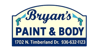 Bryan's Paint & Body logo: Blue text on cream arch, two spray guns, address and phone number.