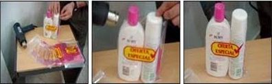 Botellas envueltas en plástico retráctil, selladas con calor, sobre una mesa. Etiqueta promocional en la botella más grande.