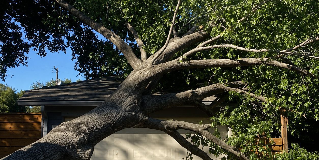 Large fallen tree limb resting across a suburban yard beside a house and fence in bright daylight