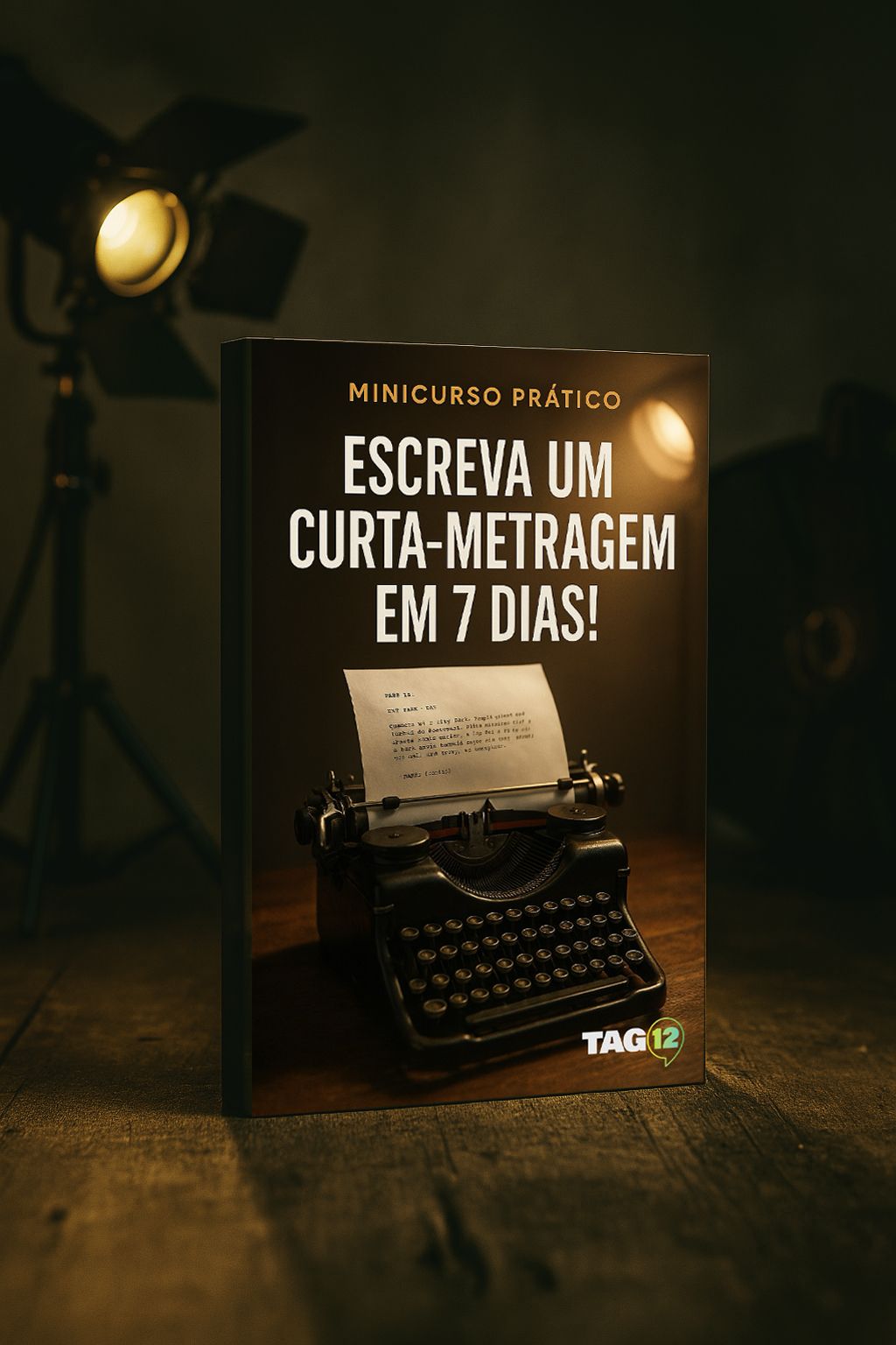 https://www.tag12.com.br/mini-curso-escreva-o-roteiro-de-um-curta-metragem-em-7-dias A book is sitting on a table next to a typewriter.