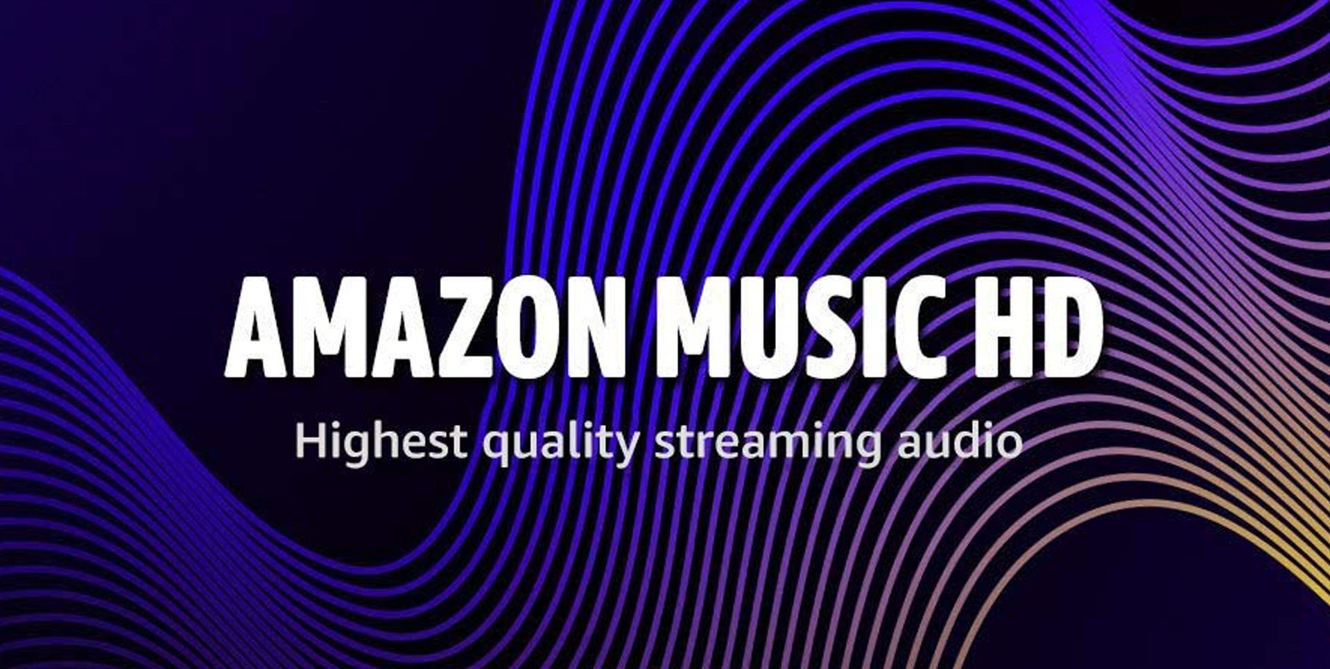 Amazon Music HD logo on a dark background with purple and yellow wave lines.