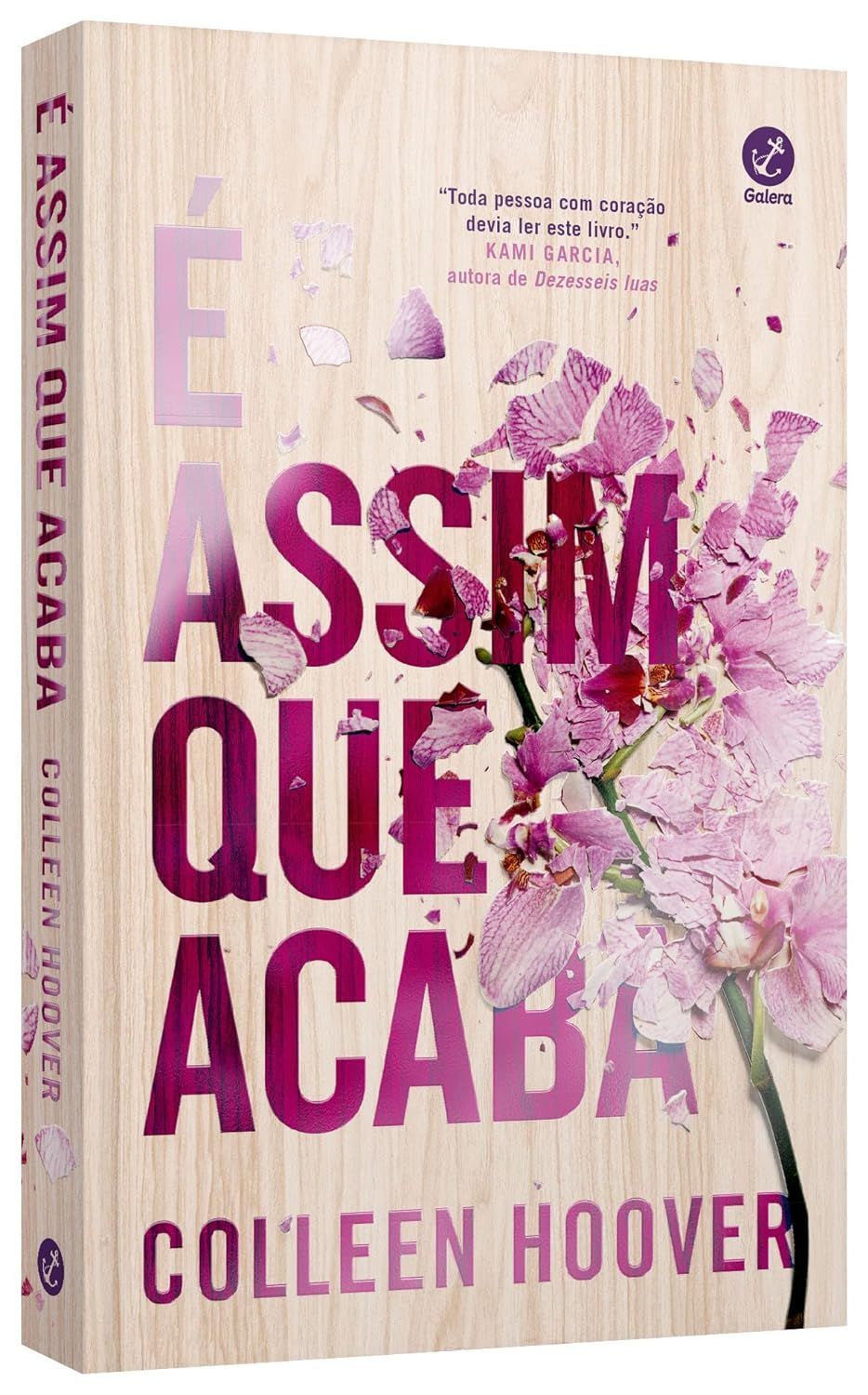 Um livro de Colleen Hoover tem uma flor roxa na capa.