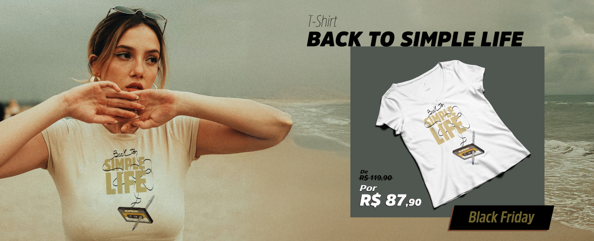 A woman is standing on a beach wearing a t-shirt that says back to simple life