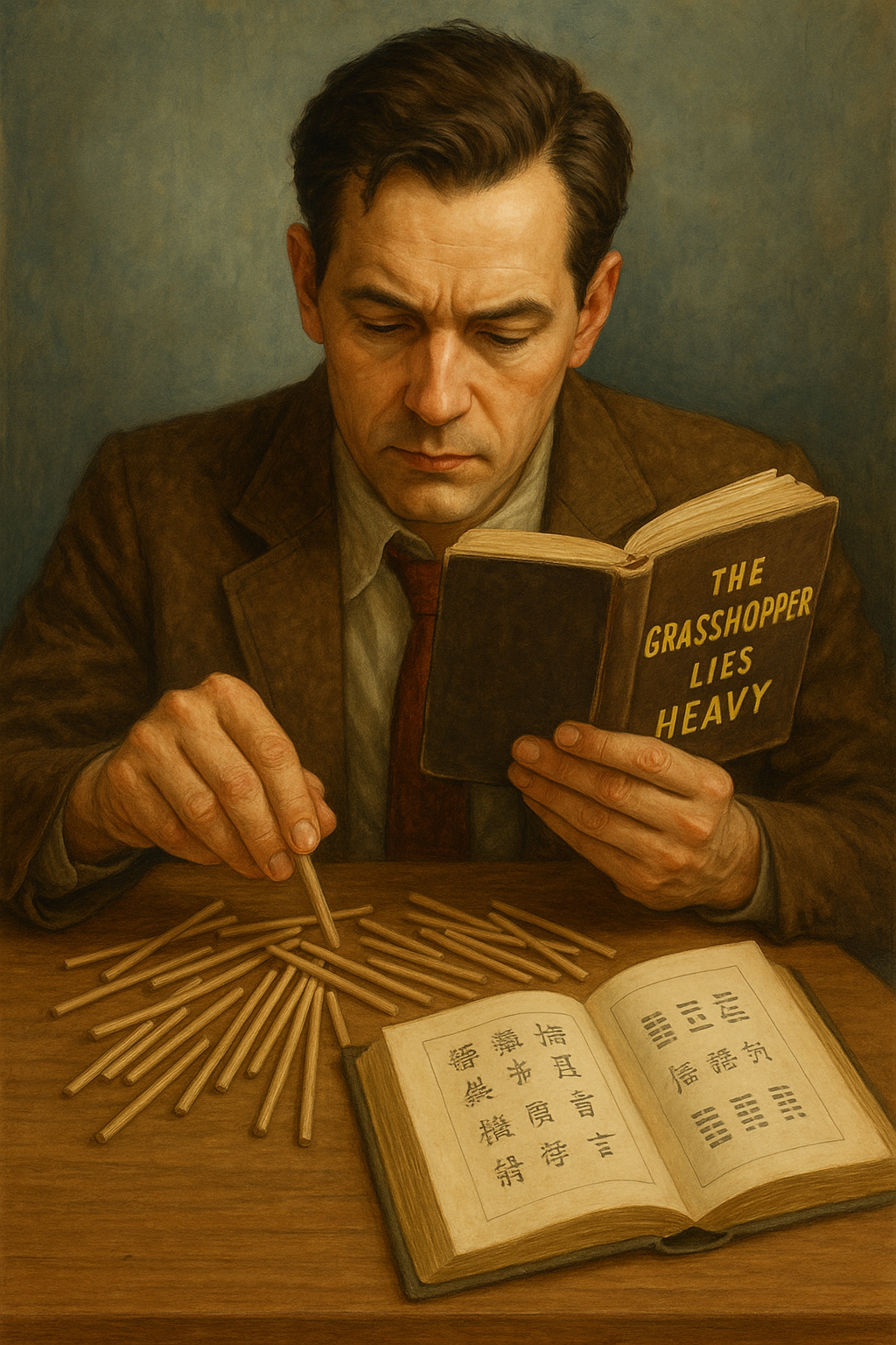 Um homem está lendo um livro chamado o gafanhoto está pesado