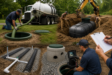 Workers installing septic tanks and drainage pipes at a construction site, with excavators and inspection equipment.