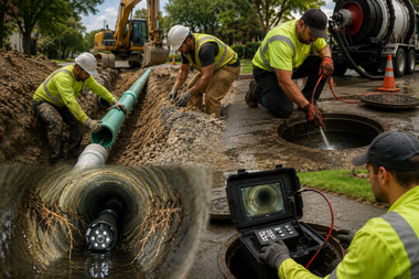 Utility workers inspect and repair a sewer pipe with cameras and tools at a construction site.