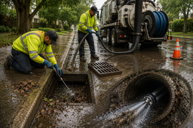 Workers cleaning a storm drain beside a sewage truck on a rainy street